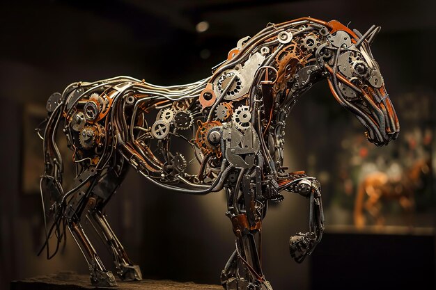 Photo sculpture of a horse made of metal wires and gears