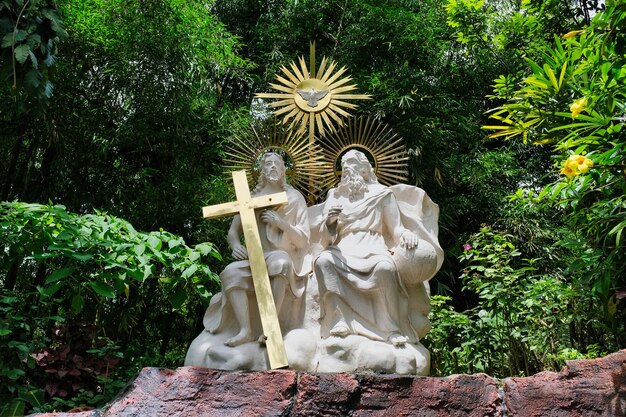 Sculpture of Jesus with a cross in front of Wonosobo Church Indonesia 20 January 2024