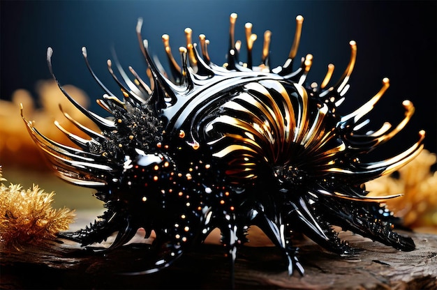 Photo a sculpture of a lion head is shown with a gold and black striped pattern