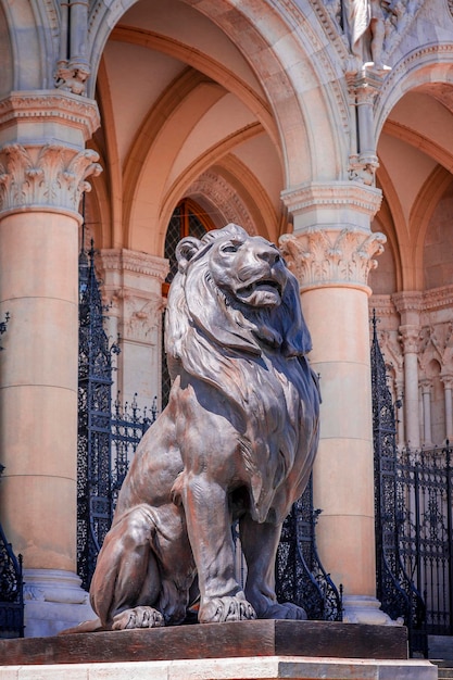 Foto scultura di un leone vicino al palazzo del parlamento a budapest.