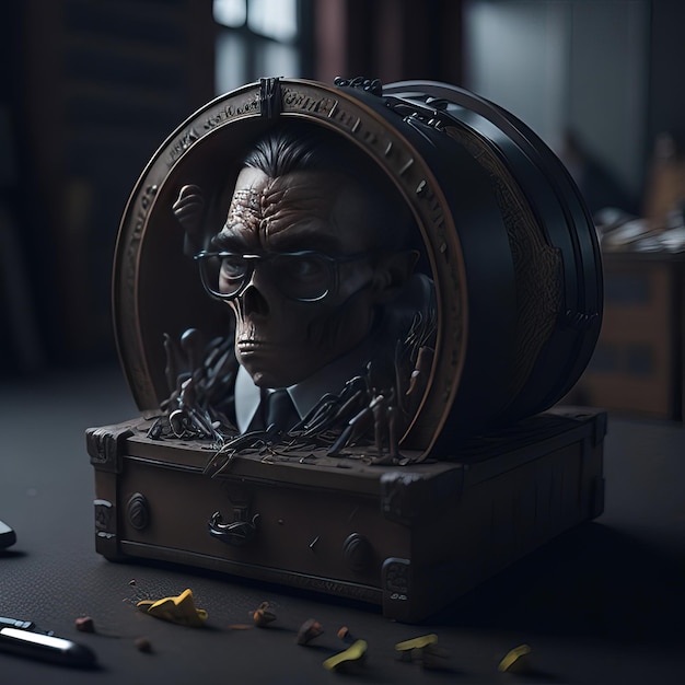 A sculpture of a man with glasses and a skull in front of a box with the word " dead " on it.