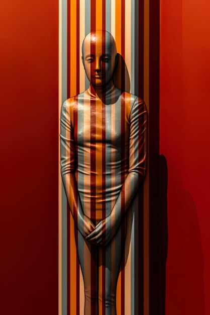 Photo a sculpture of a man with striped shirt and striped pants is standing in front of a red wall