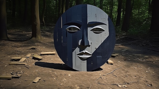 Photo sculpture mask in the woods circular shapes dark blue and gray