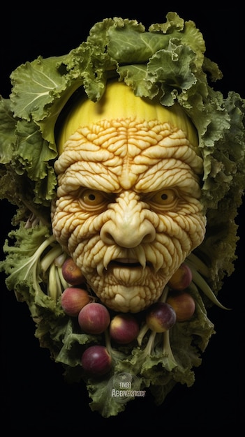 A sculpture of a monster with a face made of vegetables