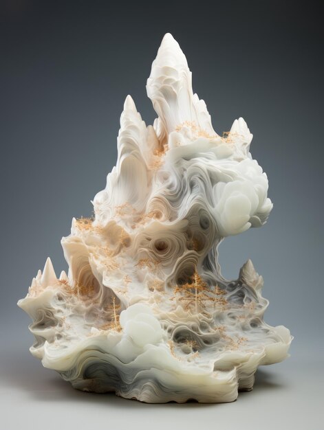 A sculpture of a mountain covered in white and gold