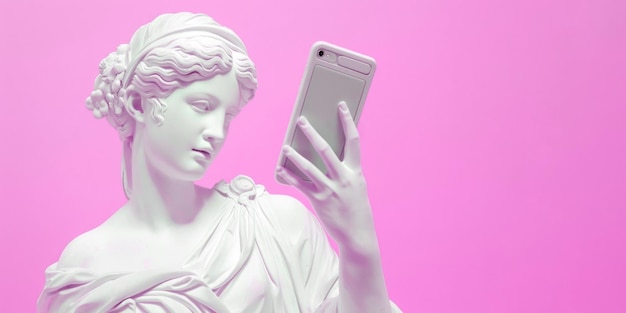Фото Скульптура богини со смартфоном на розовом фоне