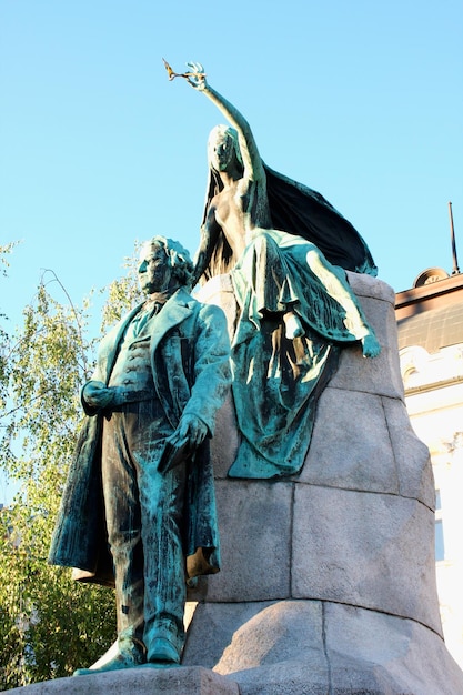 Sculpture of poet Preseren in Ljubljana square in Slovenia