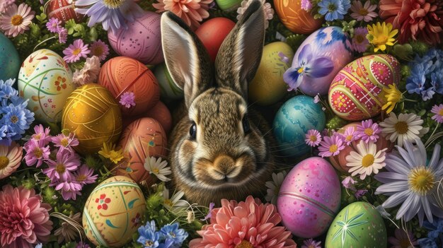 A sculpture of a rabbit amidst easter eggs and flowers in a garden aige