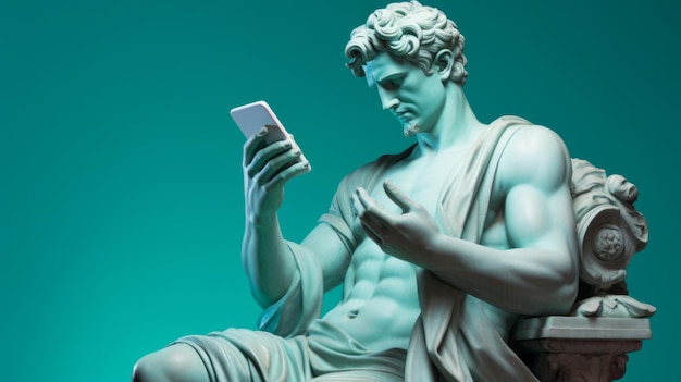 파란색 배경의 휴대폰에서 데이비드 문자 메시지나 소셜 미디어를 사용하는 조각상이나 동상