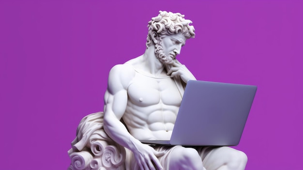 Sculpture or statue of david working on a modern laptop on a purple background