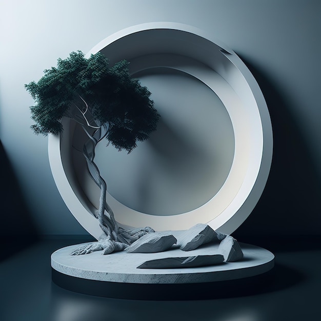 A sculpture of a tree with a circle in the background