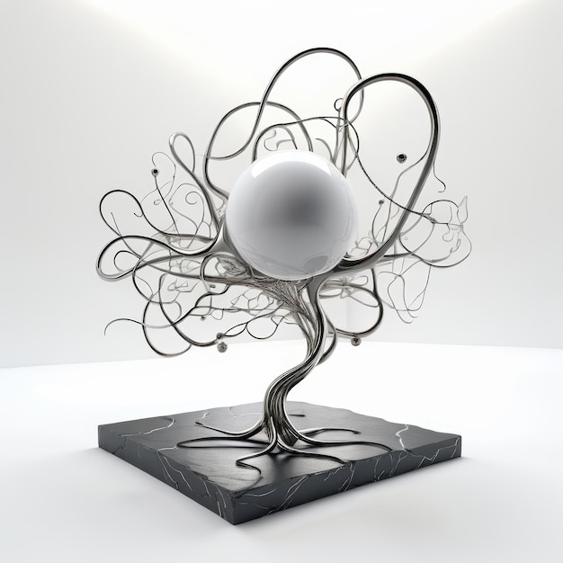 Sculpture of a Tree With a White Ball