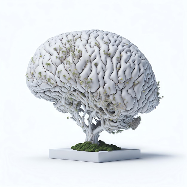 A sculpture of a tree with the word brain on it