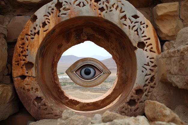 A sculpture with a large eye in the middle of it