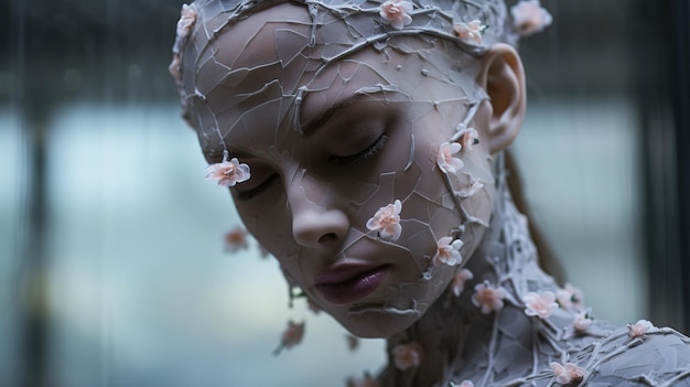 Sculpture of a woman in cracks with flowers Generative AI