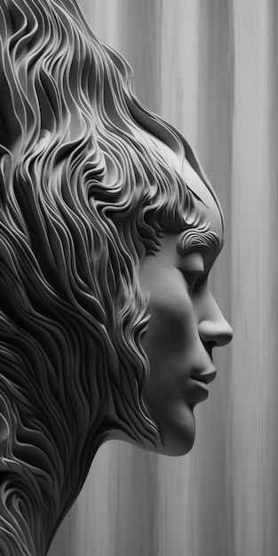 A sculpture of a woman's face with the word love on it.