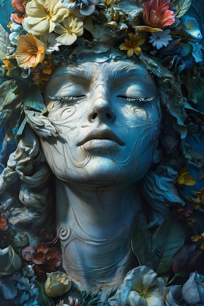 Sculpture of a woman with flowers in her hair