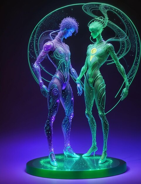 A sculpture of a woman and a woman with a green alien head