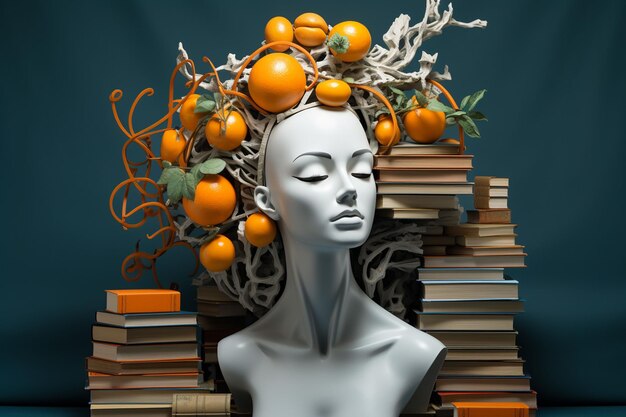 A sculpture of a womans head surrounded by orange and books