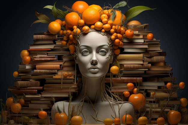 A sculpture of a womans head surrounded by orange and books