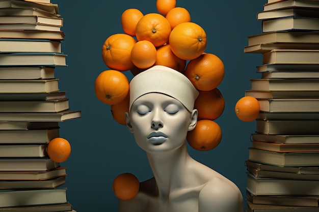 A sculpture of a womans head surrounded by orange and books