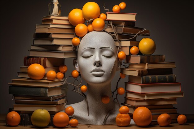 A sculpture of a womans head surrounded by orange and books