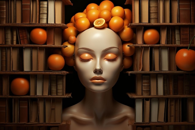 A sculpture of a womans head surrounded by orange and books