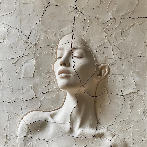 A sculpture of a womans head with cracked paint symbolizing decay and imperfection The cracks on the