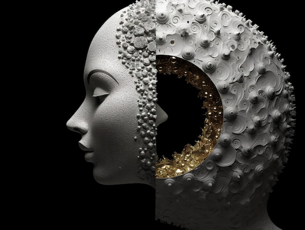 A sculpture of a womans head with a gold circle in the middle Generative AI image