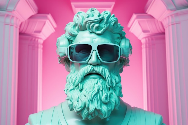 Photo sculpture of zeus wearing fancy glasses illuminated by neon lights