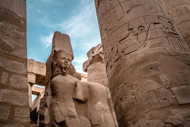 The sculptures of pharaohs and ancient Egyptian drawings on the columns of the Luxor Temple in Egypt