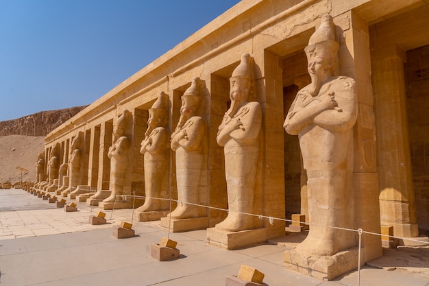 Sculptures of pharaohs entering the Funerary Temple of Hatshepsut in Luxor. Egypt