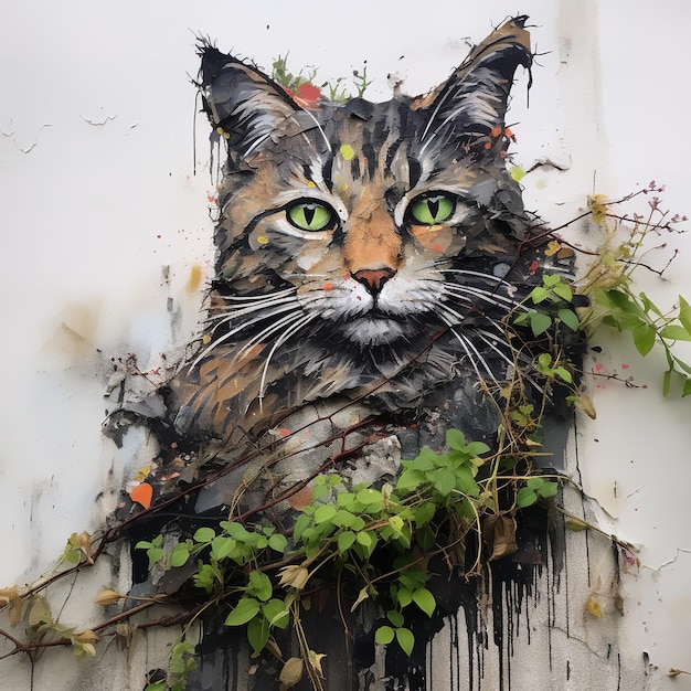 Sculptuur en schilderen straatkunst van kattenhoofd vol kleurrijke kleuren en bedekt met bladeren en gras op de oude muur Huisdieren Illustratie Generatieve AI