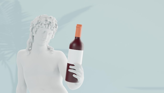 Sculptuur van de god van de wijn Bacchus die een fles wijn vasthoudt met een blanco wijnetiket