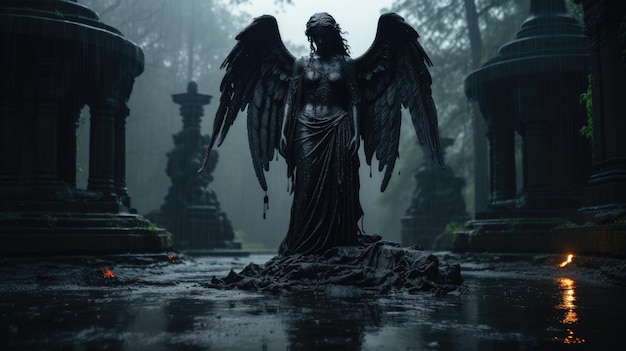 Sculptuur van een engel met vleugels bij een begrafenis op een begraafplaats bij een grafsteen De engel van dood en leven ontmoet de ziel van de overledene