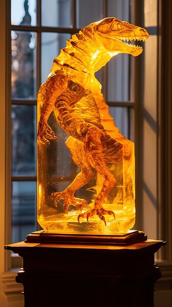 Sculptuur van een reptiel of dinosaurus in een ambersteen tentoongesteld in een kunstgalerij