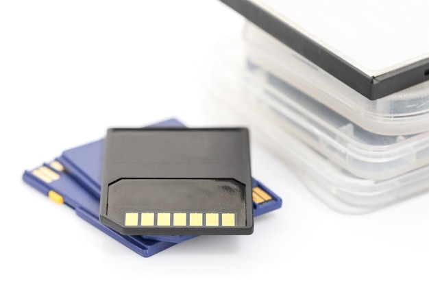 SD memory card and case on white background