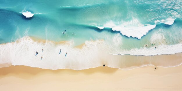 海の風景を空から眺める 晴れた日の海の波 ビーチの砂のコンセプト トップビュー ドローン ジェネレーティブAI