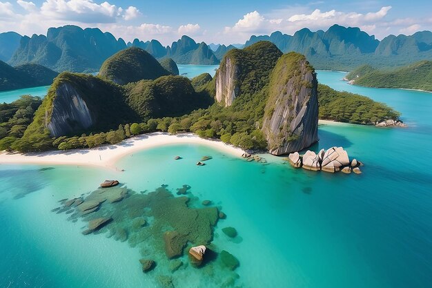 Sea Aerial view Top viewamazing nature backgroundThe color of the water and beautifully brightAzure beach with rocky mountains and clear water of Thailand ocean at sunny dayflying dronesea view