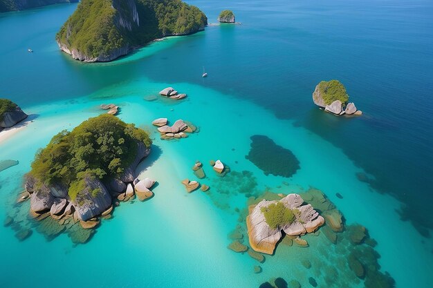 Sea Aerial view Top viewamazing nature backgroundThe color of the water and beautifully brightAzure beach with rocky mountains and clear water of Thailand ocean at sunny dayflying dronesea view