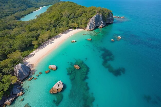 Photo sea aerial view top viewamazing nature backgroundthe color of the water and beautifully brightazure beach with rocky mountains and clear water of thailand ocean at sunny dayflying dronesea view