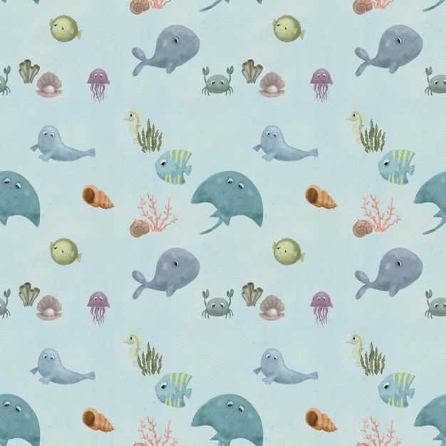 Sea animal patterns. Fish and wild marine animals  on background. Inhabitants of the sea world, funn