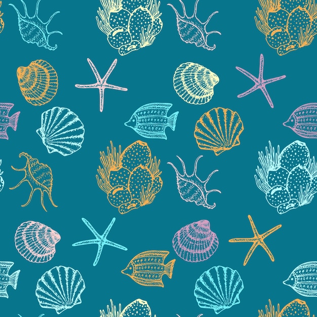 sea animals sketched seamless pattern marine life creatures hand drawn surface pattern design vector