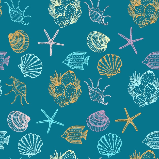 Sea animals sketched seamless pattern marine life creatures hand drawn surface pattern design vector