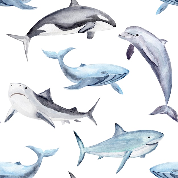 Sea animals watercolor seamless pattern