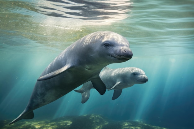 sea background Fur seal and dolphin