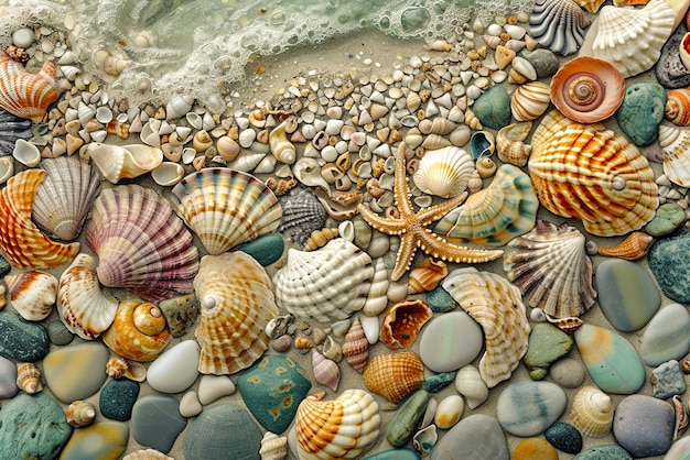 海の背景 波の下の秘密の世界 虹色の貝と砂が 海のモザイクを描いています