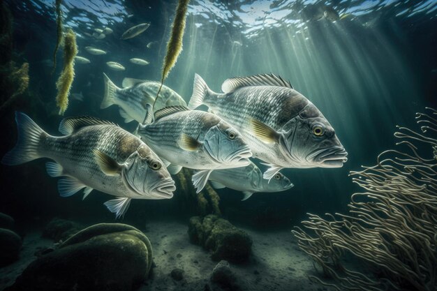 Sea Bass Fish Underwater Lush Nature by Generative AI