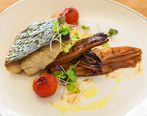 Sea bass with grilled endives with kimchi