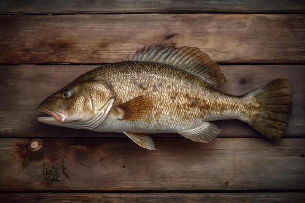 Sea bass on a wooden board closeup top view Fish restaurant promotion banner Generative ai